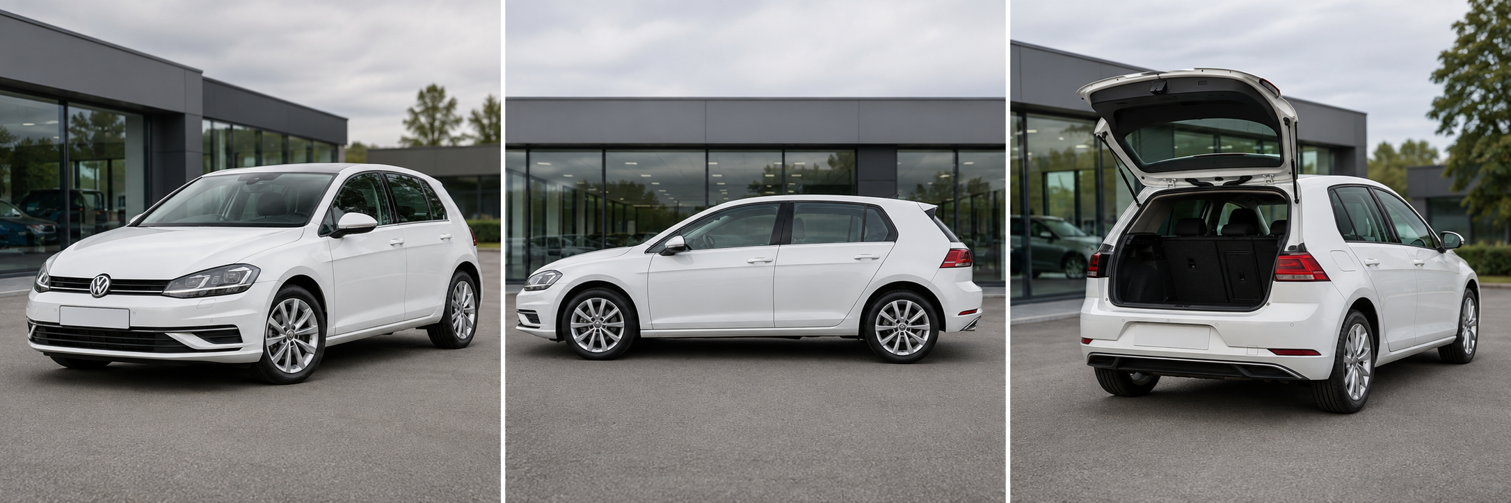 White 2017 Volkswagen Golf MK7, registration CE17 XRK. Front, side and boot-space views shown.